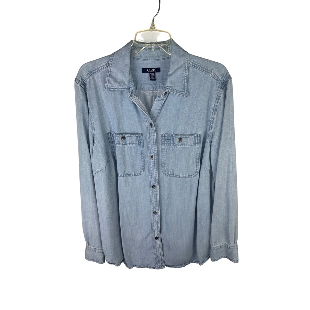 Chaps Womens 1X Light Wash Lyocell Denim Button Down Shirt Long Sleeve Blouse